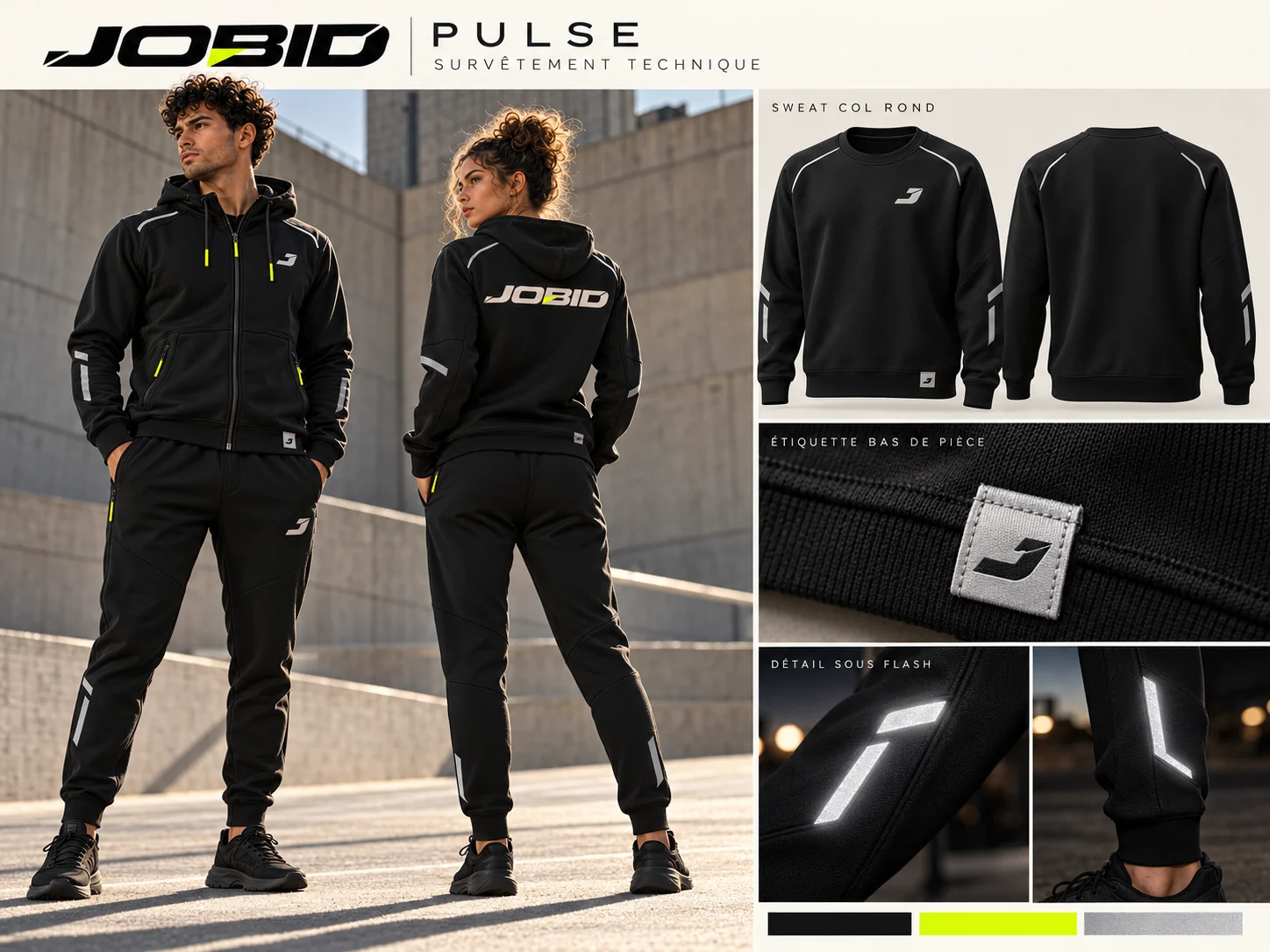 Maquette PULSE : survêtement noir, sweat col rond et détails réfléchissants