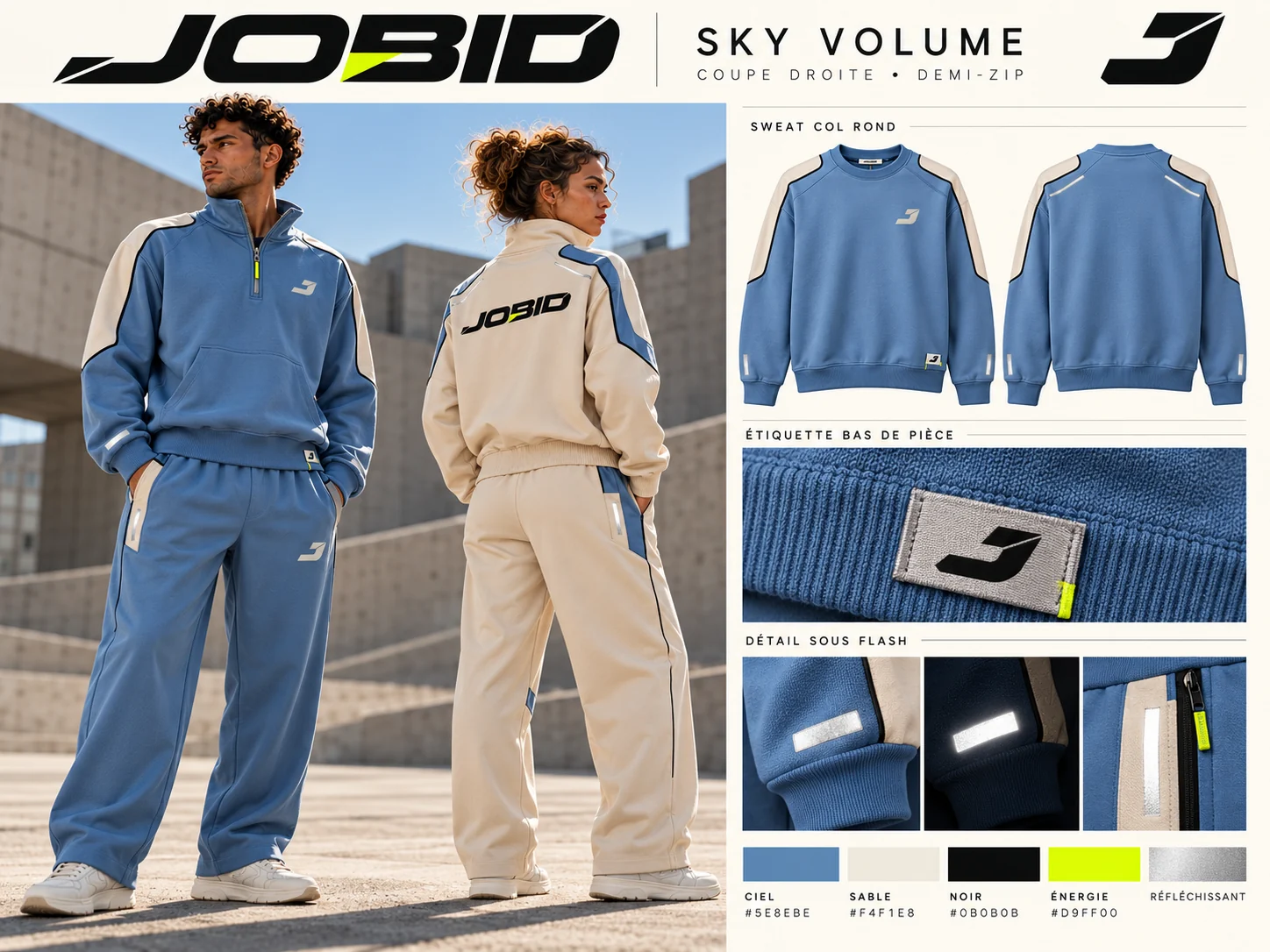 Maquette SKY VOLUME : sweats et pantalons à coupe droite, bleu ciel et sable
