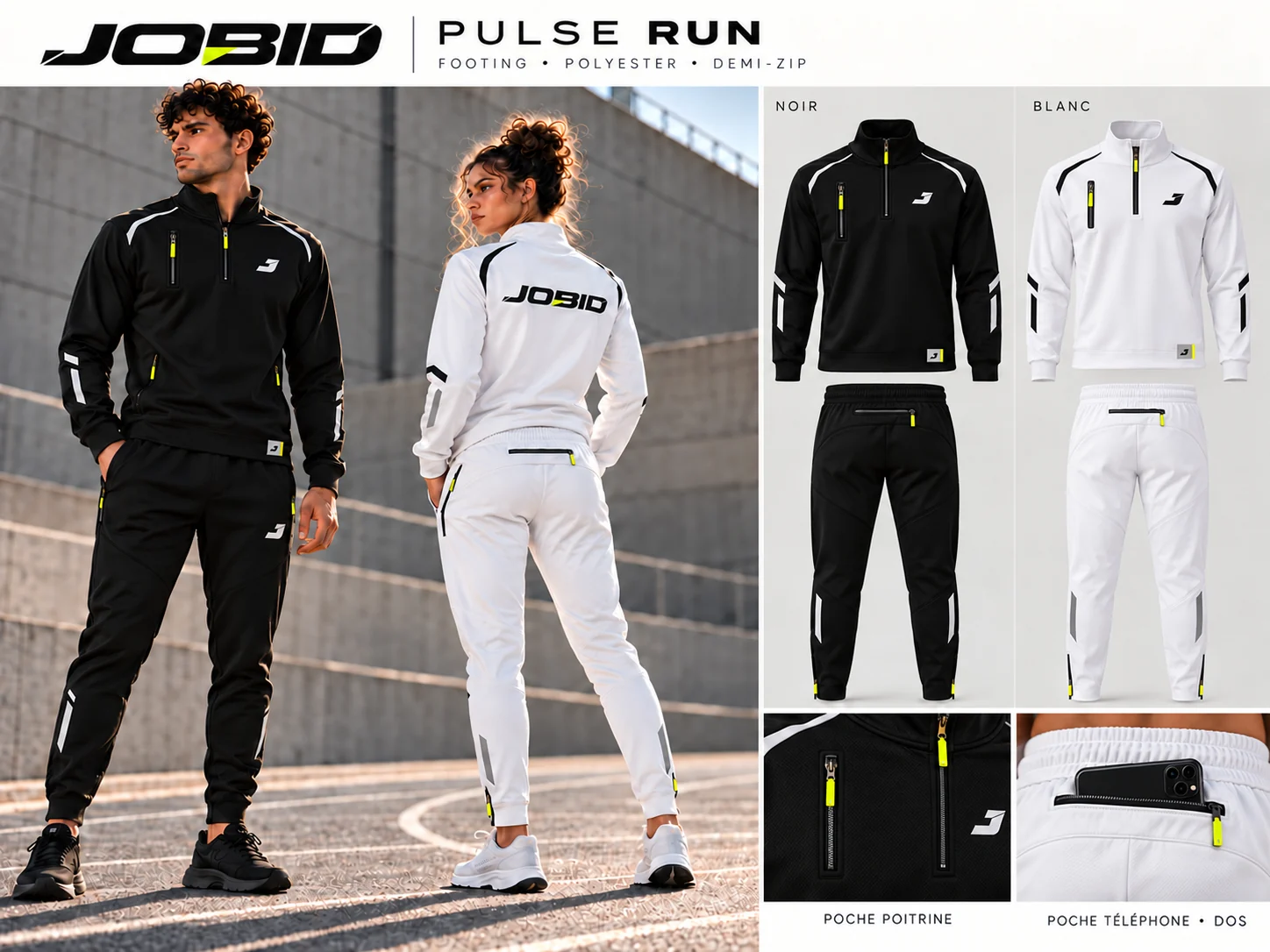 Maquette de la collection PULSE RUN noire et blanche, avec rappels jaunes, poche poitrine verticale et poche téléphone au dos